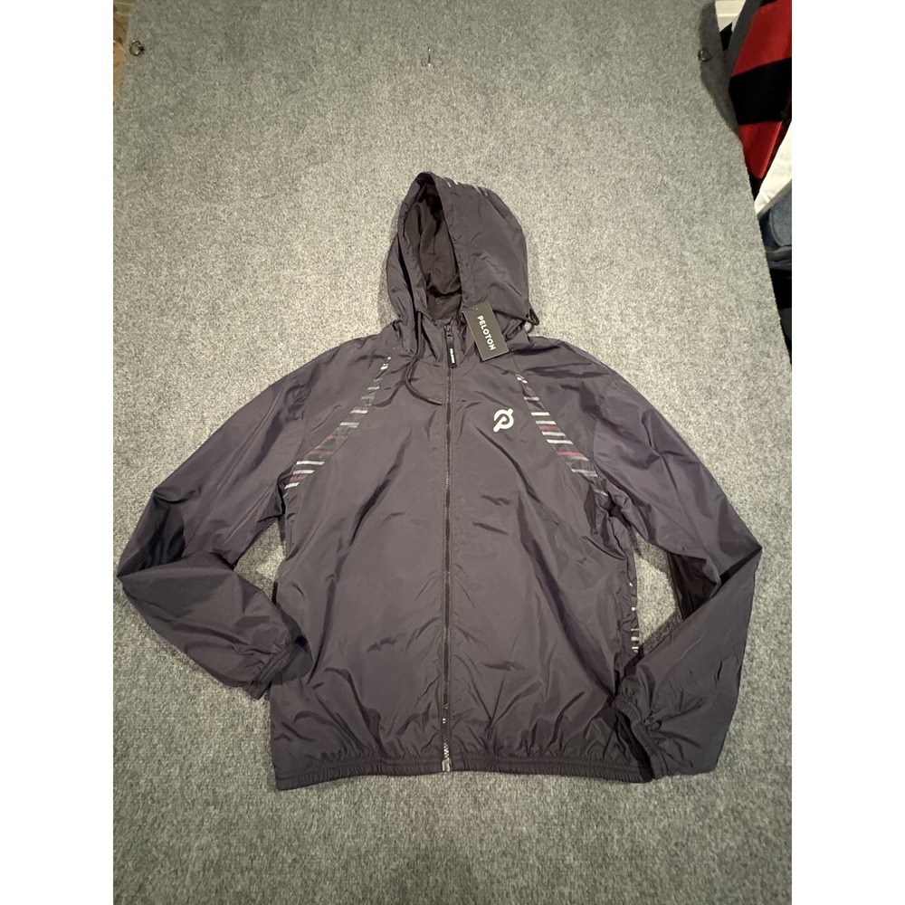 Peloton Windbreaker Jacket Mens Small Black Hooded Full Zip Striped Lightweight